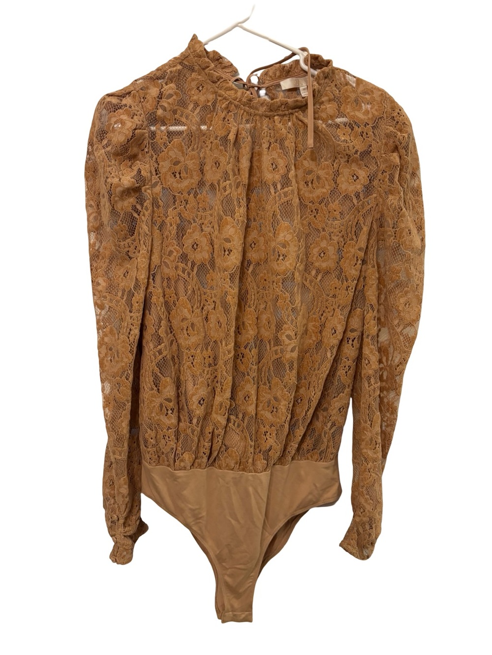 Wayf Camel Lace Long-Sleeve Bodysuit with High Neck Puff Sleeves Medium